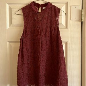 Hi neck, lace top, maroon, size medium